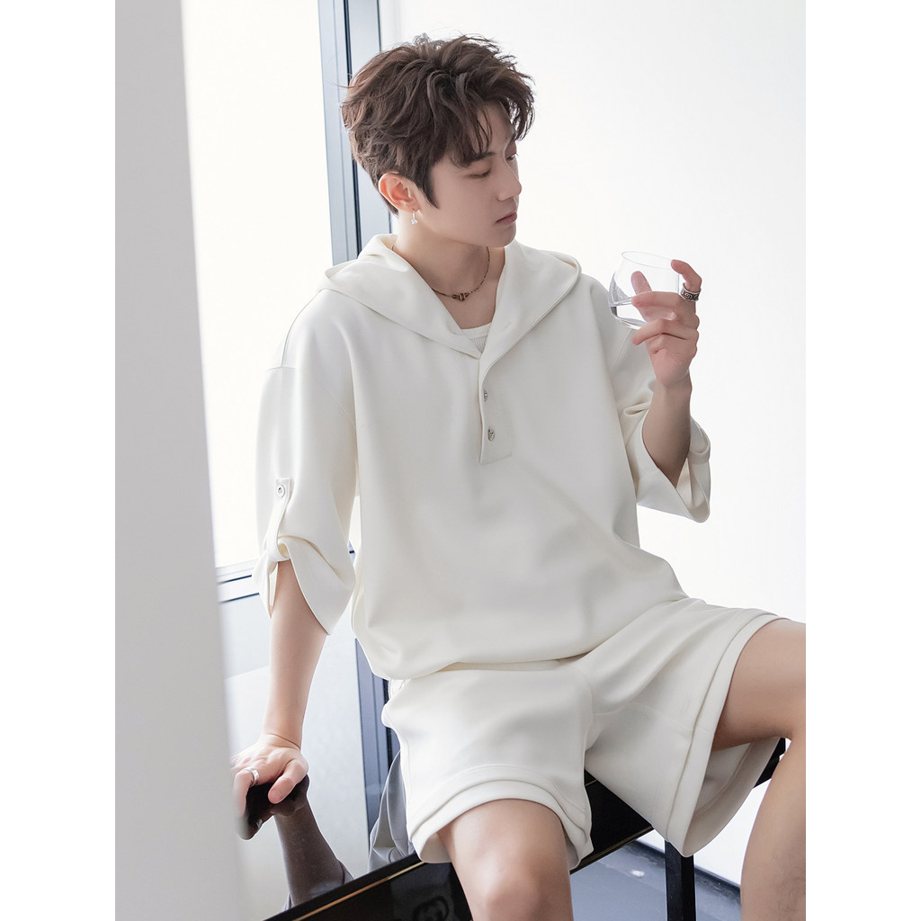CHICERRO Sicilian Moletom com capuz masculino terno manga três quartos cordão cor sólida simples Casual esportes respirá