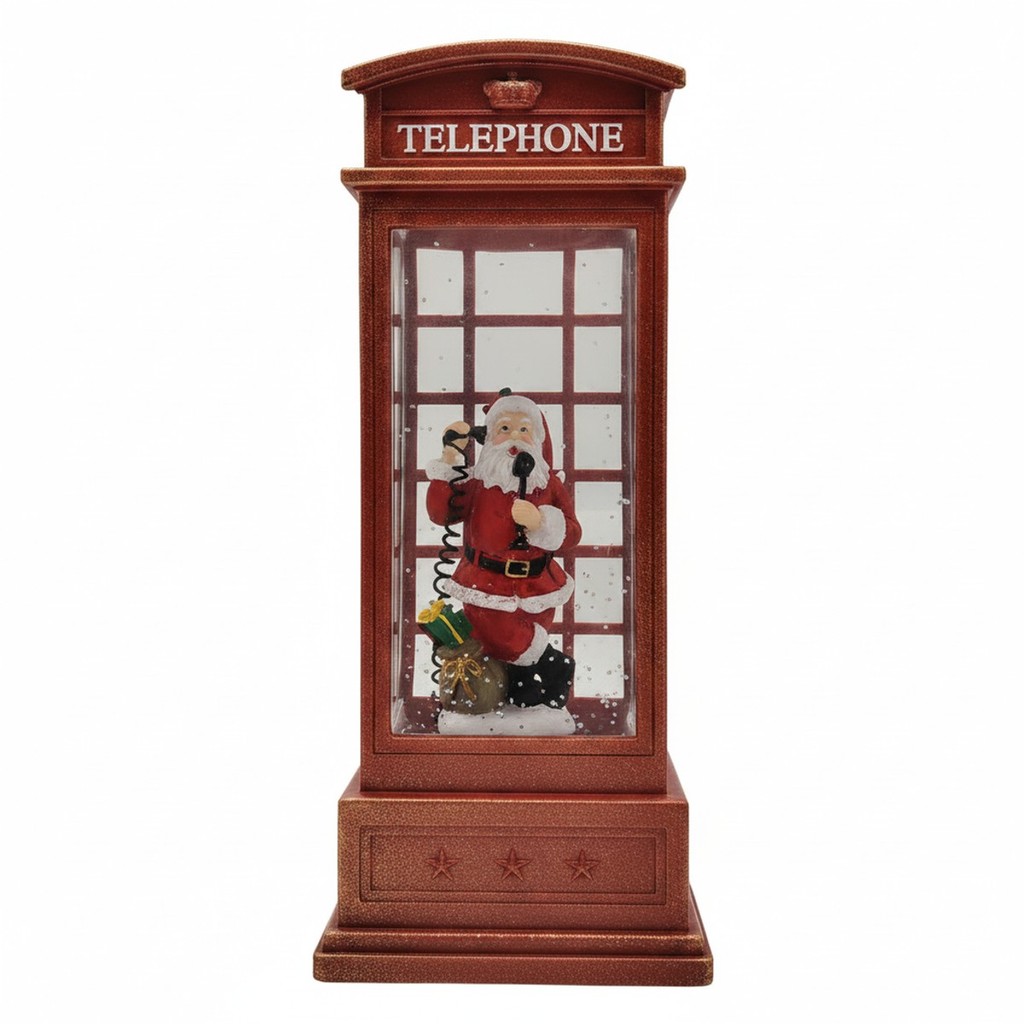 Globo de Água Cabine Telefônica LED Musical Papai Noel Movimento Enfeite de Natal Luxo 25 x 10 cm