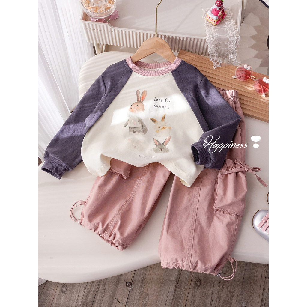 Meninas terno primavera estilo ocidental contraste cor manga Raglan dos desenhos animados impresso manga comprida topo A