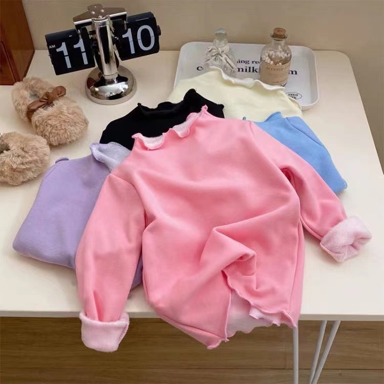 Meninas camisa de fundo forro de lã outono inverno roupas crianças meia gola alta engrossado manga comprida camiseta Fem