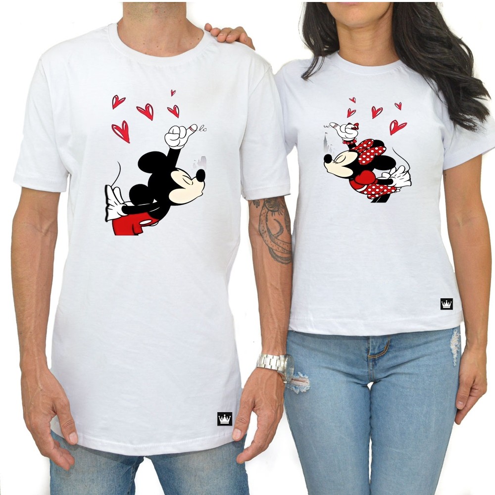 Kit 2 Camiseta Casal Dia Dos Namorados Estampa Casal Mickey Love Castelo Coração