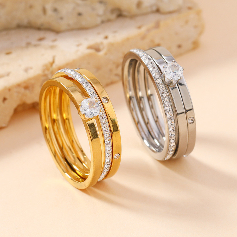 BLOSSOM Conjunto de três anéis Anel de aço inoxidável com diamante Anel de dedo indicador que não desbota Anel de dedo m