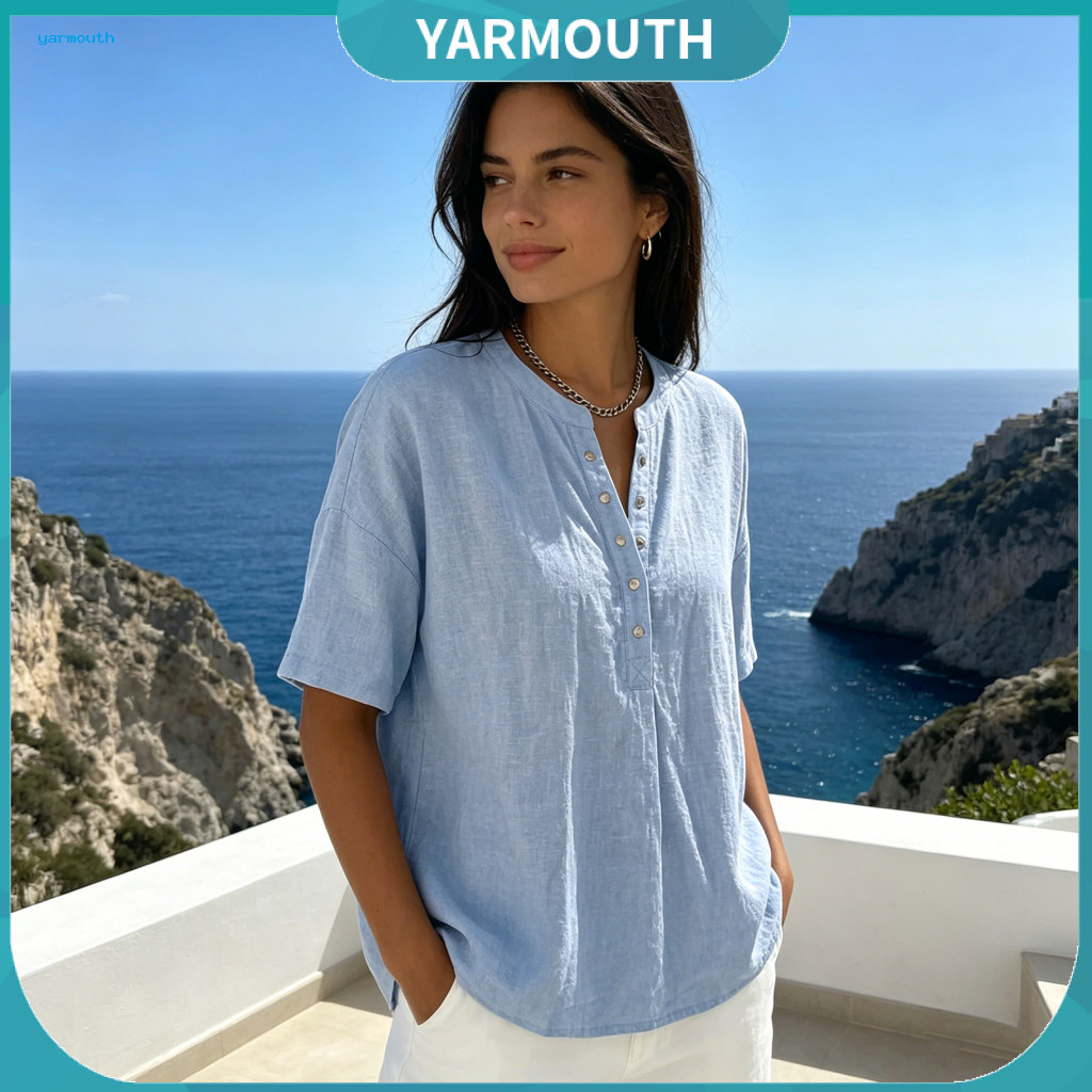 Commuter Tops Solid Color V-neck Shirt Women’s V Neck Button Short Sleeve Pullover Top – Loose Fit Blouse Versatile