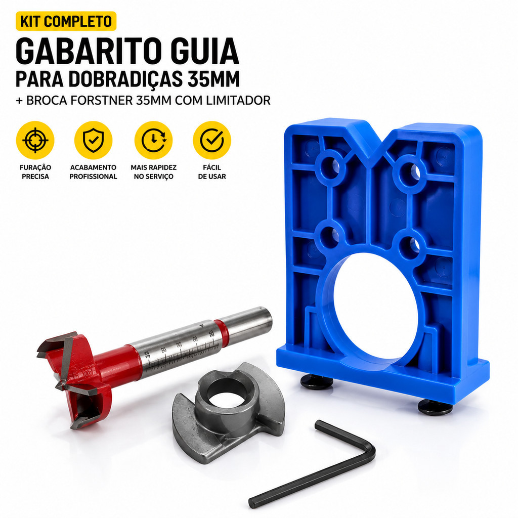 Kit Gabarito Dobradiça 35mm + Broca Forstner c Limitador