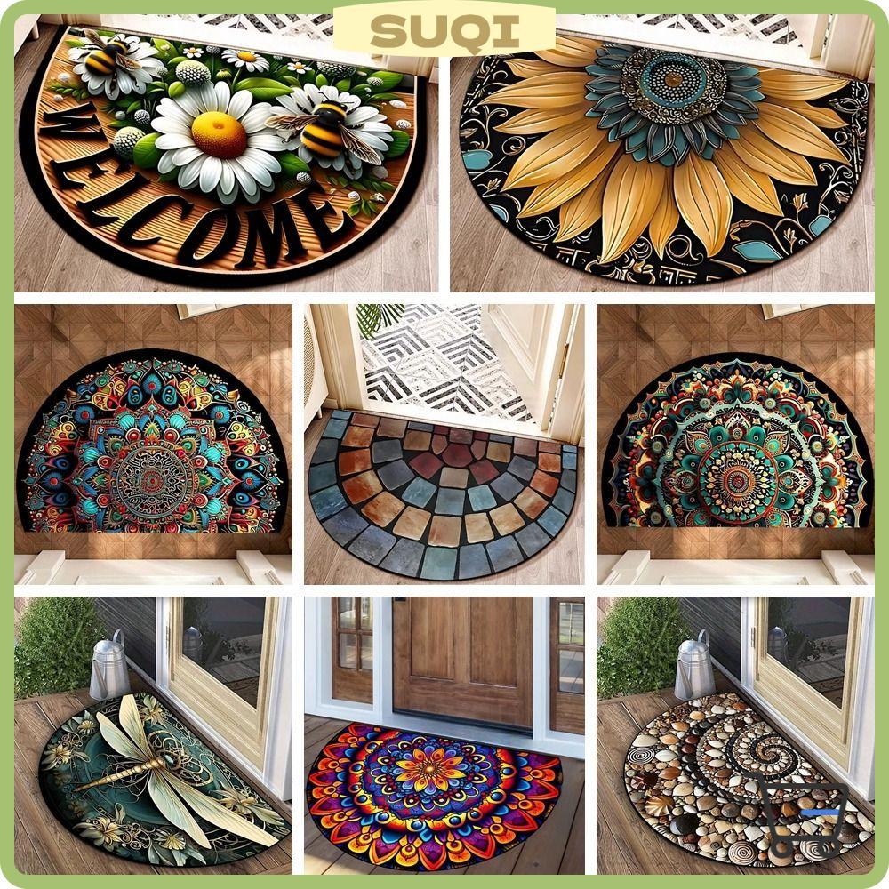 SUQI Capacho Meio Redondo , Tapetes De Boas-Vindas Laváveis Antiderrapantes , Tapete De Entrada Floral Com Flores Absorv