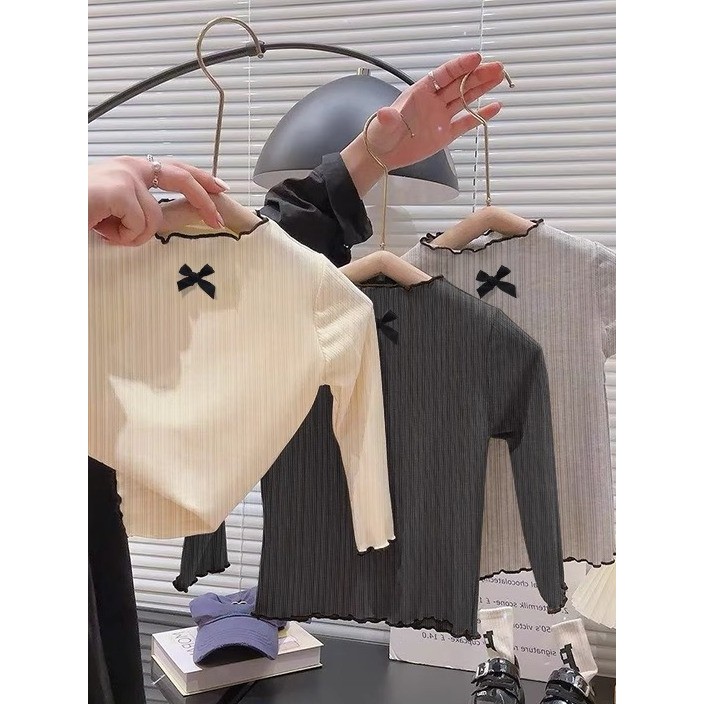 Meninas camiseta de manga comprida com borda fungo arco estilo ocidental topo verão primavera outono bebê menina moda Al