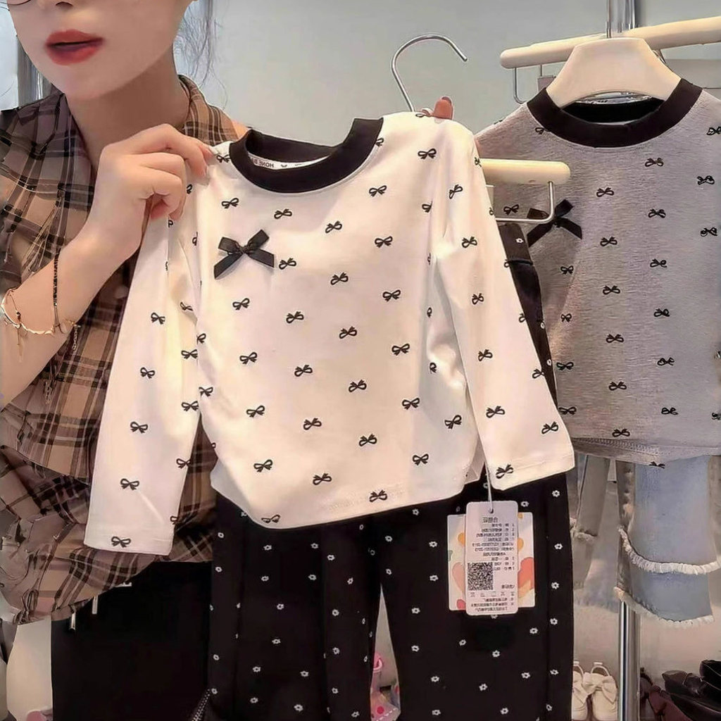 Meninas de manga comprida camiseta primavera outono estilo bebê menina estilo ocidental impressão completa arco estirame