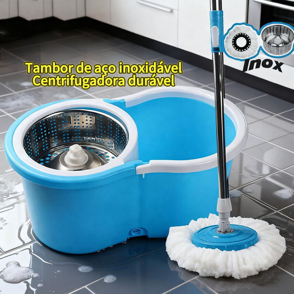 Mop limpeza 360° com cabo aço Inox estendido cesto aço Inox, esfregão giratório com balde