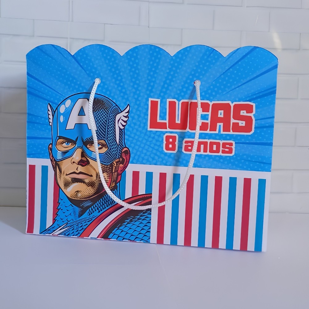 Sacolinha Personalizada Surpresa Capitão América  (20x15x7cm)   Lembrancinhas de Aniversário - PEGUE E MONTE