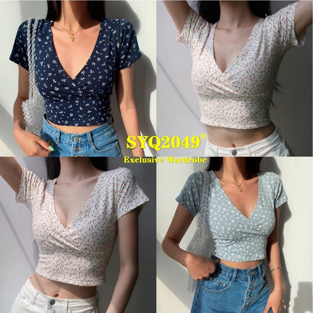6872 Umbigo Cropped Camiseta Curta Feminina Floral Manga Curta Top Cropped Gola Baixa Top Sexy Profundo Decote Em V Top