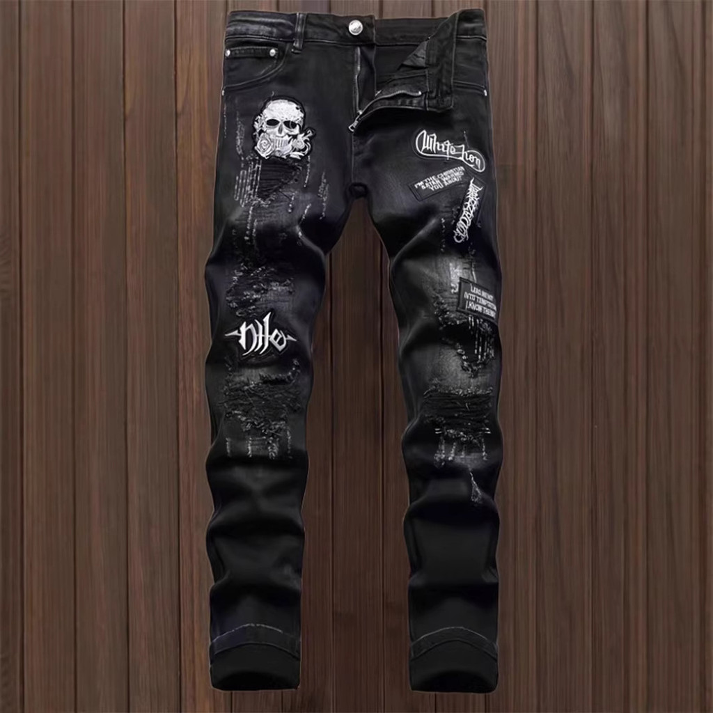 HME Jeans Masculino Estilo Indústria Pesada Bordado Rasgado Patch High Street Pequenas Calças Retas 26525NZK