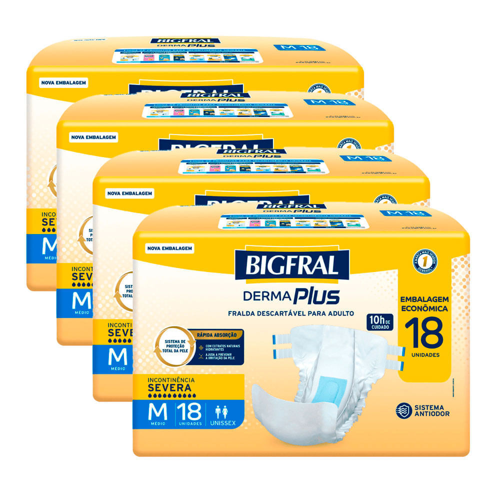 Kit 4 Fralda Bigfral Derma Plus Econômica M 18 Unidades