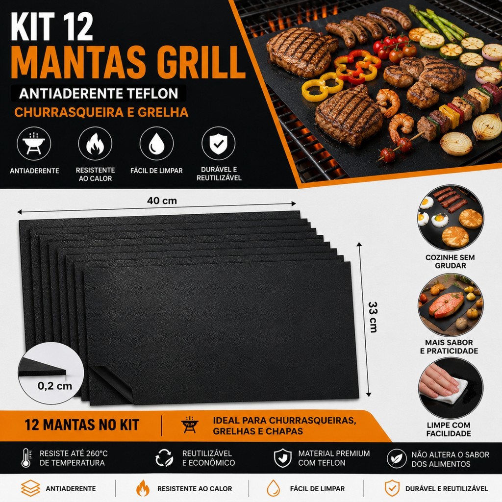 Manta Esteira Premium para Forno, Grill e Churrasqueira (Teflon Antiaderente - 40x33cm)