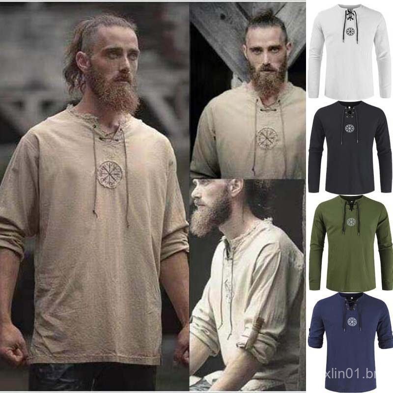 Camisa Masculina de Renascimento, Estilo Medieval Pirata Viking, Camisa de Algodão e Linho, Manga Longa, Fantasia Mascul