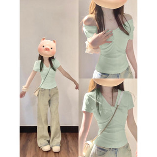 Menta verde dopamina topo verão manga curta camiseta feminina verão nicho Design sentir bonito magro-ajuste curto Wear