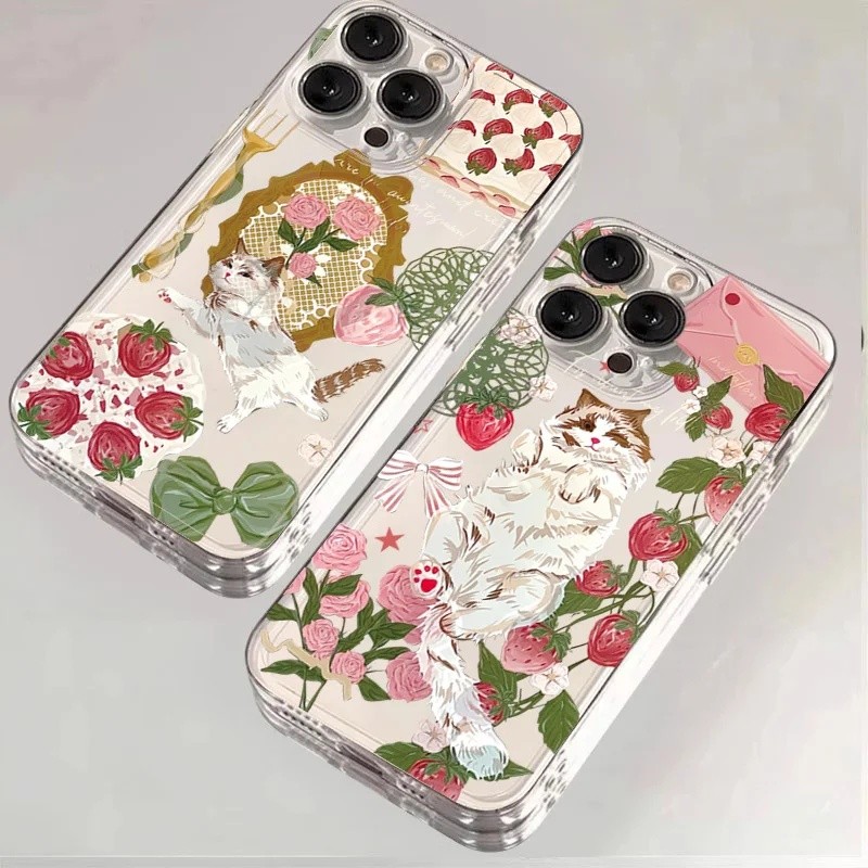 Capa Para Samsung Galaxy A57 A17 A56 A36 A26 A55 A16 A15 A07 A06 A54 A53 Celular Gato De Desenho Animado Morango Fruta B