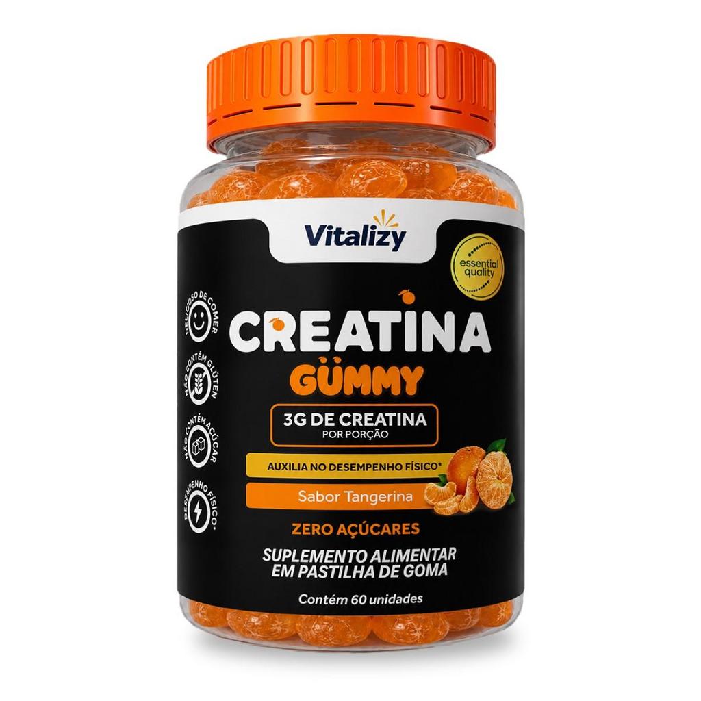 Creatina em Goma Gummy 3g Zero Açúcar 60 Gomas Sabor Tangerina Vitalizy