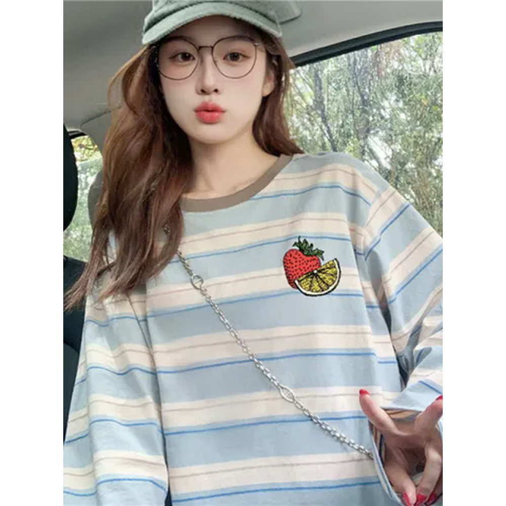 Fino azul branco listrado manga comprida camiseta feminina outono 2025 novo estilo solto estilo preguiçoso nicho proteto