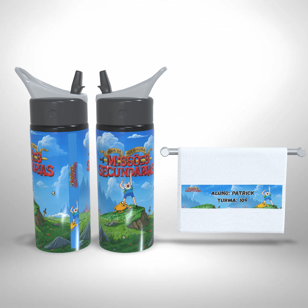Kit Escolar Squeeze e Toalhinha Personalizados Hora de Aventura Missões Secundárias Finn e Jake