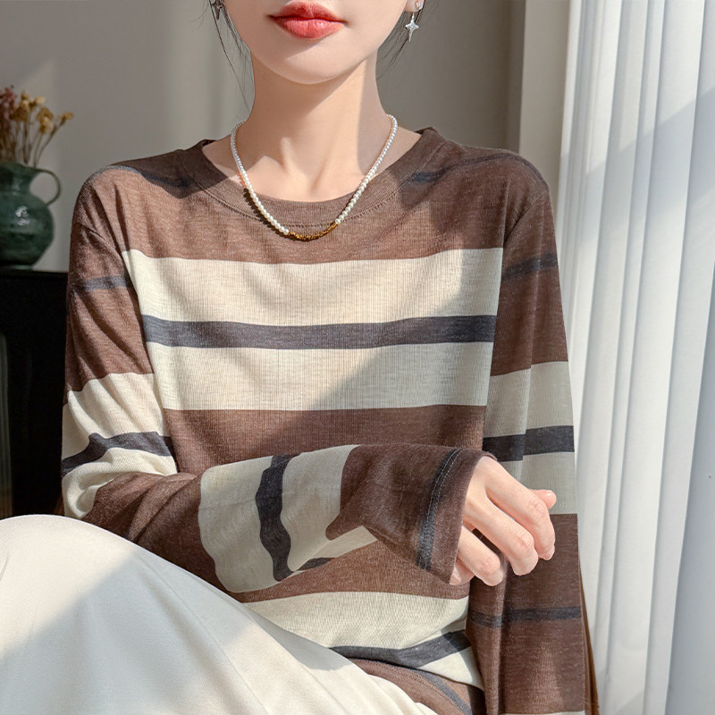 Estilo preguiçoso listrado manga comprida camiseta malhas feminina primavera verão fino em torno do pescoço camiseta fem