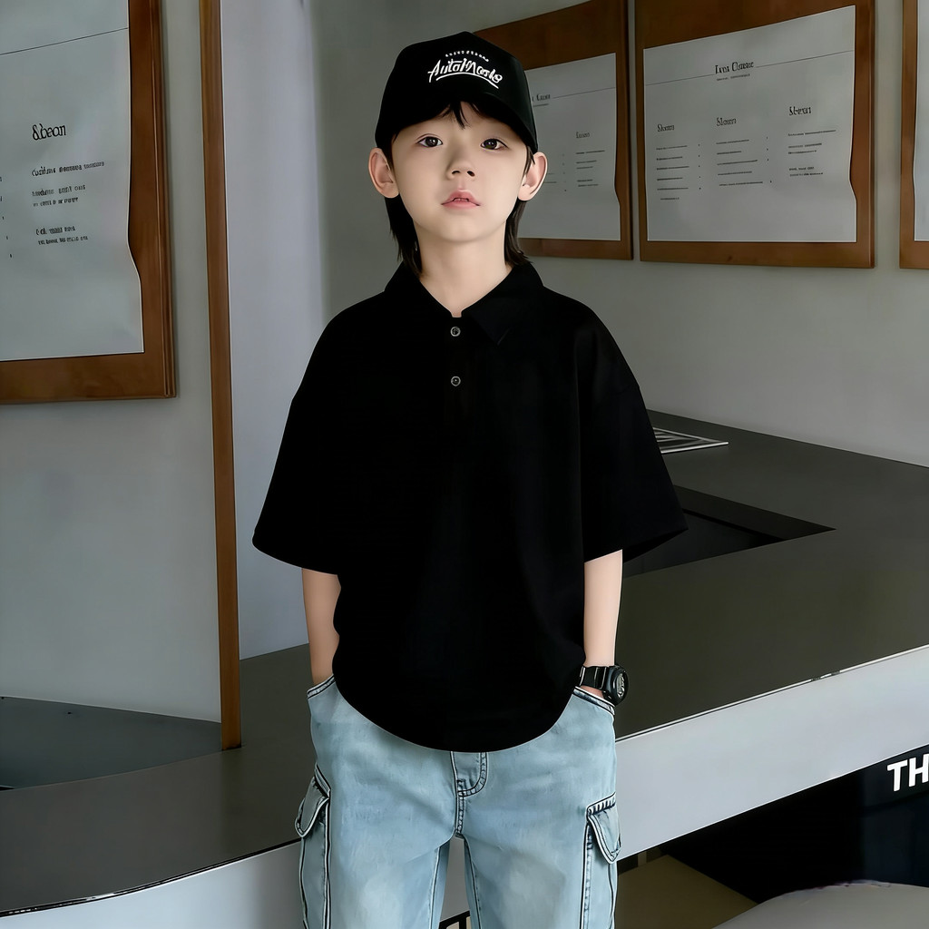 Meninos camisa polo de manga curta puro algodão camiseta verão versão coreana bonito médio grande crianças cor sólida la