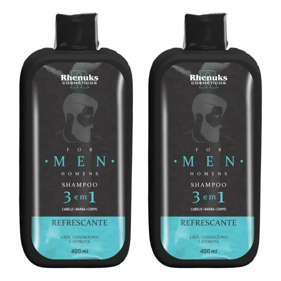 Kit 2 Shampoo Masculino 3 Em 1 Cabelo Barba E Corpo Rhenuks 400ml