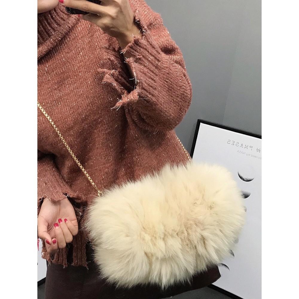 Bolsa de corrente mensageiro de pele de raposa, bolsa aquecedora de mão de pele Real, bolsa de ombro de pelúcia elegante