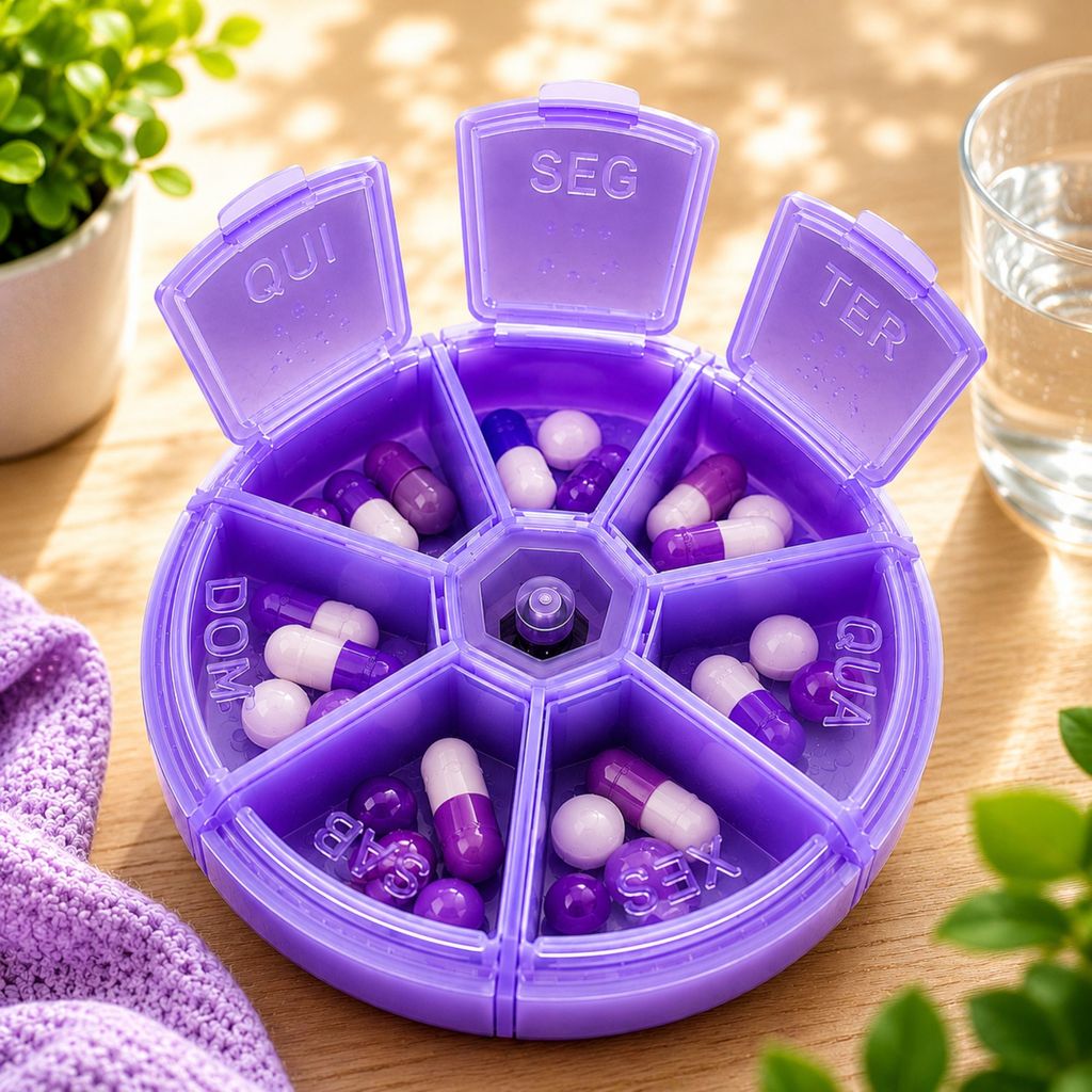 Porta Organizador Roxo De Comprimido 7 Dias Organizadora De Remédios, caixa de vitaminas ou tablet de viagem