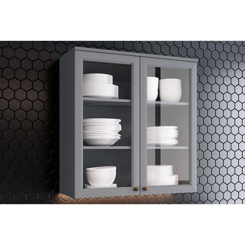 Armário Aéreo p/ Cozinha Americana c/2 Portas de Vidro 80cm Cinza - Henn