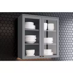 Armário Aéreo p/ Cozinha Americana c/2 Portas de Vidro 80cm Cinza - Henn