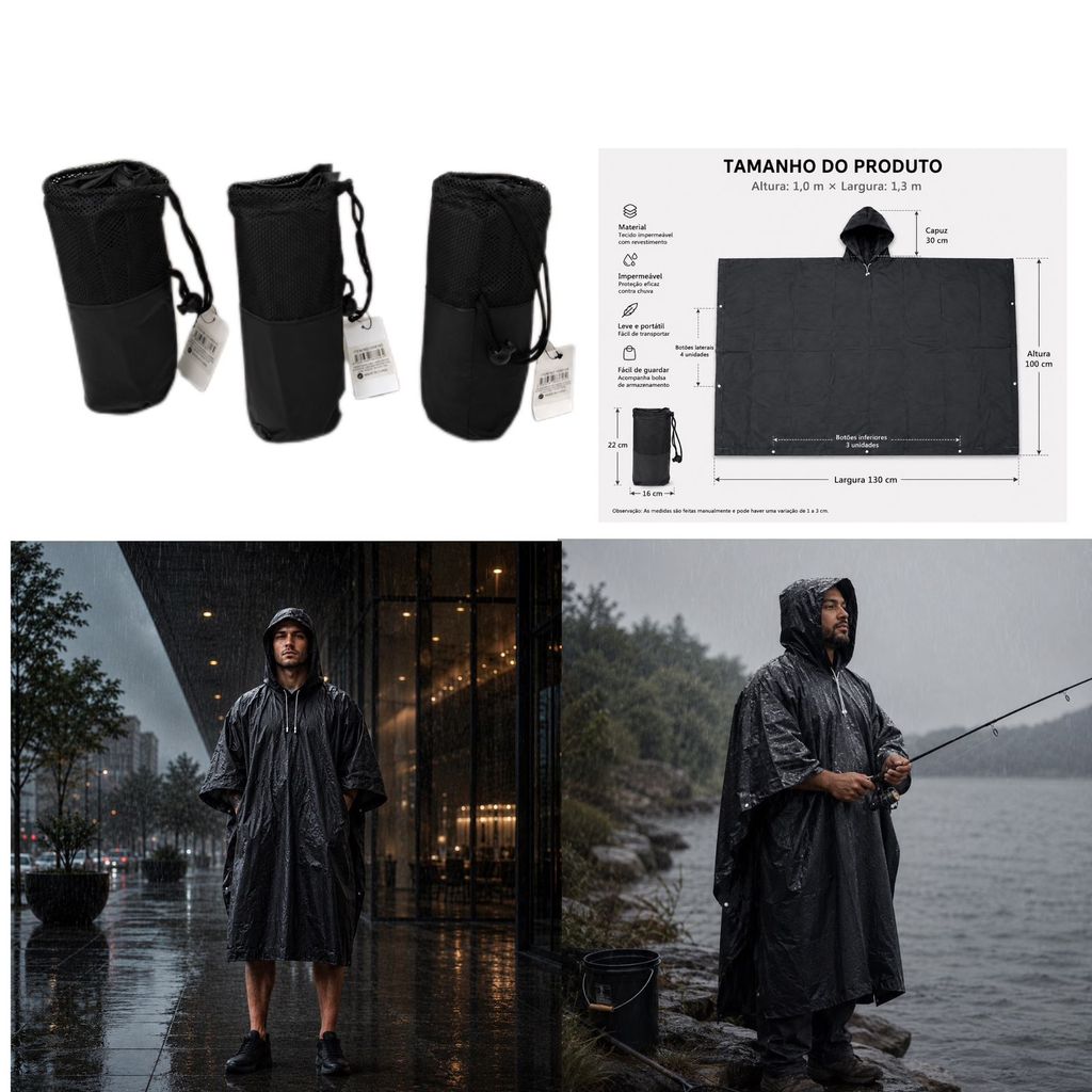 Capa de Chuva Impermeável Poncho com Capuz 1m x 1,3m Portátil para Pesca Camping Moto Trilha