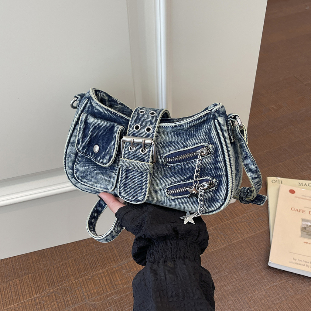Bolsa transversal de jeans retrô e moderna para mulheres, nova bolsa estilo motociclista para uso diário, bolsa quadrada