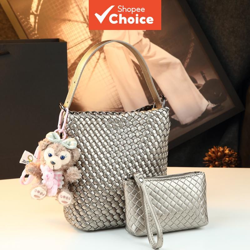 Conjunto de Bolsa Bucket Tecida Prateada com Mini Pochete, Tote Feminina Estilo Intrecciato com Alça Destacável, Bolsa