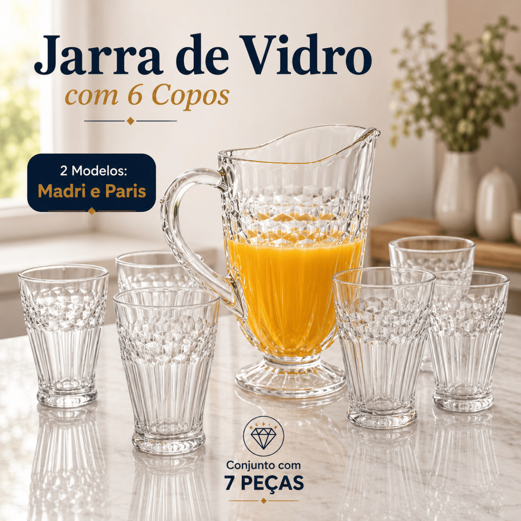 Jarra de Vidro 1L Suco com 6 Copos 300ML Servir agua refresco completo utensilio domestico presente enxoval Cozinha