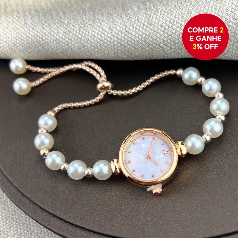 Relógio de quartzo elegante para mulheres com pulseira de contas ajustável - Moderno e versátil.