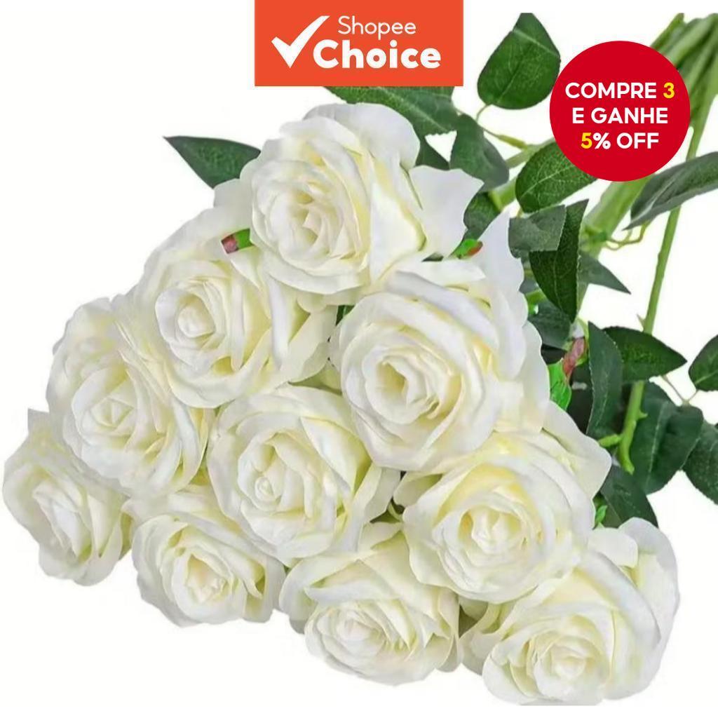  Kit 30 Rosas Artificiais em Veludo Branco 50cm - Plantas para Decoração Interna e Externa de Casa e Jardim | Presente