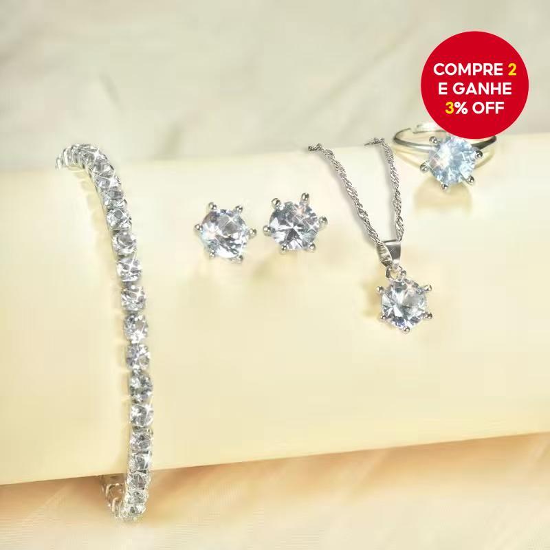 Conjunto De Joias De Pérola Elegante Para Mulheres Colar Brincos Pulseira Anel 4 Peças (Apenas Prata)