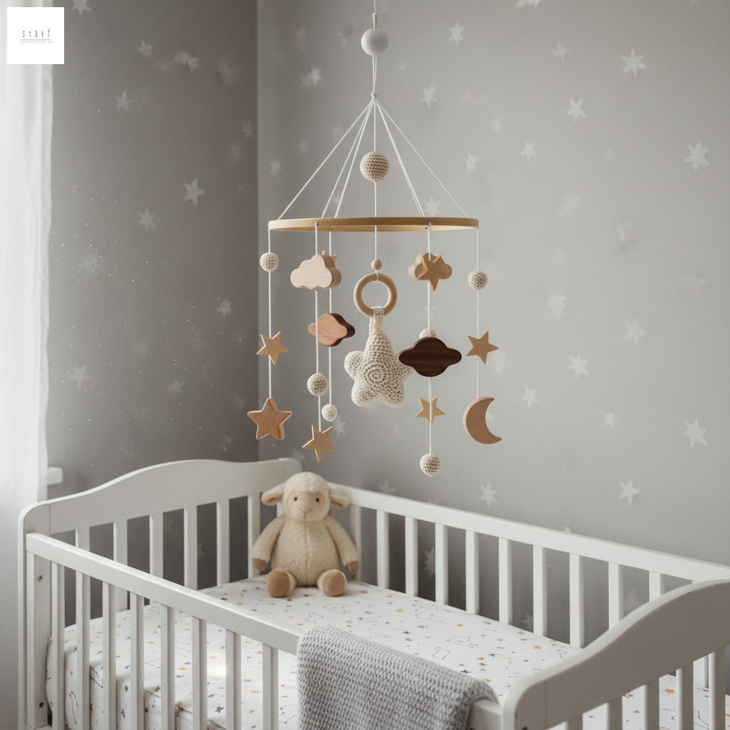 Móbile De Madeira Natural Para Bebês Com Nuvens De Lua De Estrelas-Brinquedo Pendurado Berço De Educação Infantil