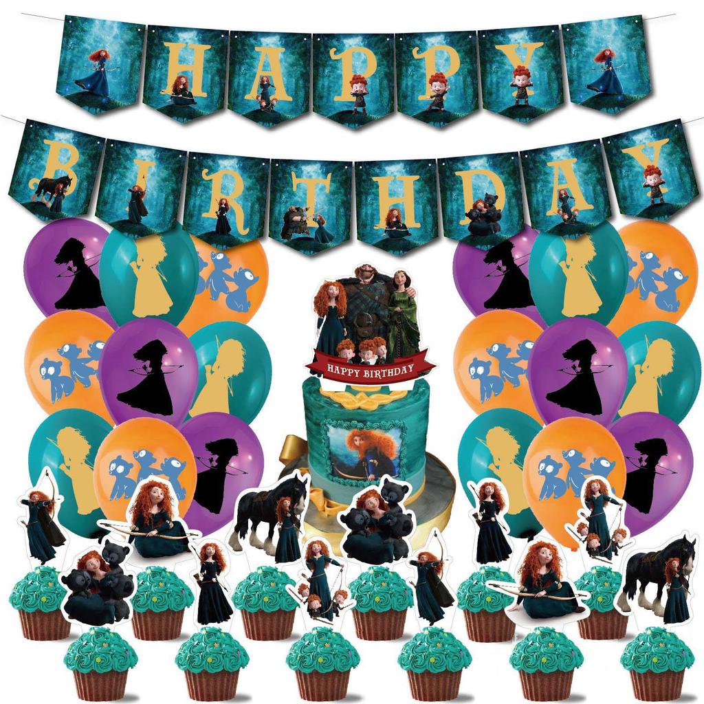 Brave Merida Princesa Merida Decoração de Festa de Aniversário Puxar Bandeira Bolo Inserir Cartão Balão