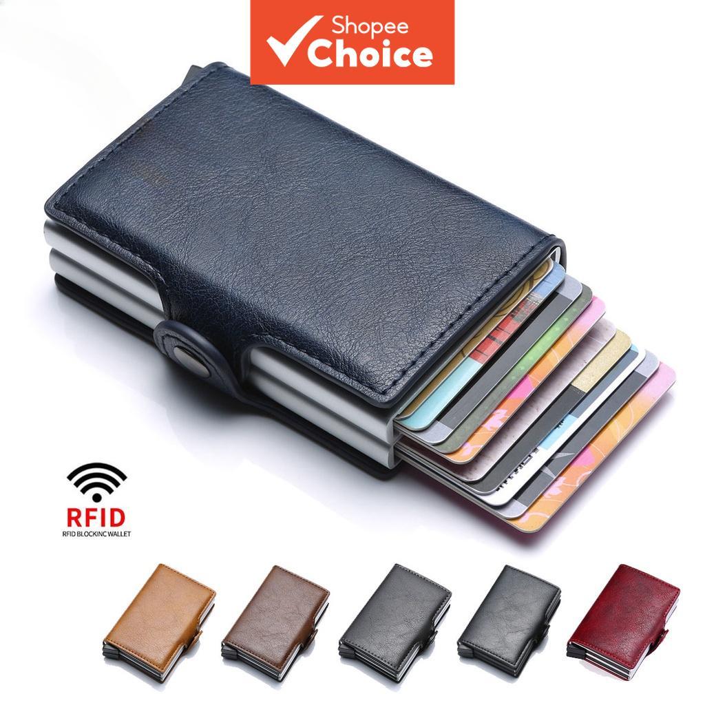Porta-cartões masculino com bloqueio RFID em alumínio e couro, carteira minimalista para cartões de banco e empresarial