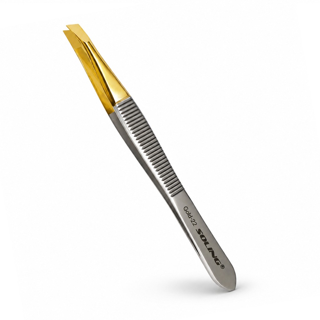 Pinça Soling Ponta Chanfrada Gold 22 Prestige Premium Aço Inox Designer Profissional Sobrancelhas