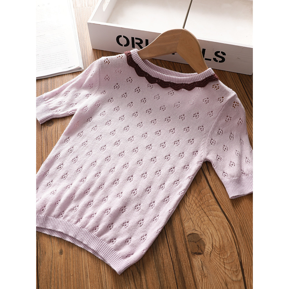 Meninas estilo ocidental oco fio de algodão camisola crianças verão fino manga curta camiseta bebê versão coreana contra