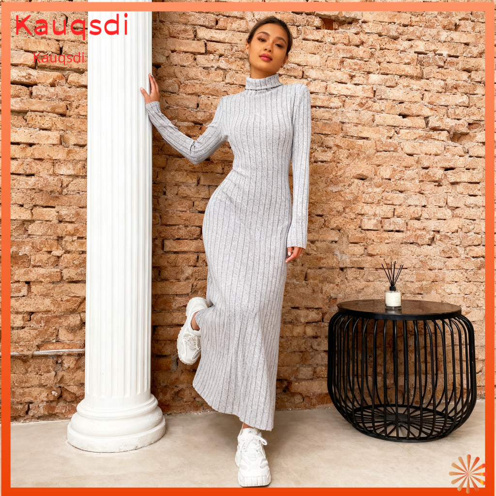 Women High-neck Dress Lightweight Ribbed Detail Women’s Sweater Long Sleeve High Neck Knit A-line Pullover Tunic Maxi