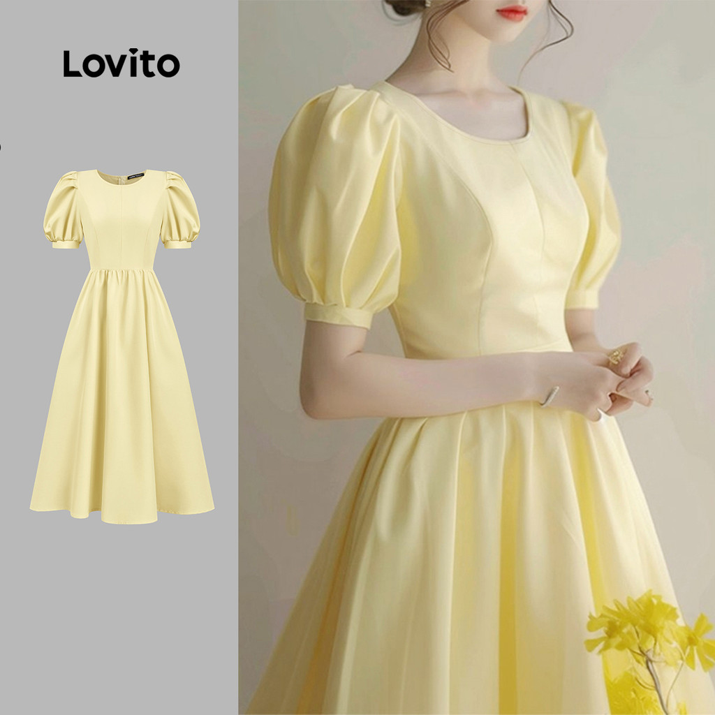 Lovito Elegante Vestido com Pregas Linha Estruturada Primavera/verão Amarelo para Mulheres. L177ED1015