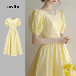 Lovito Elegante Vestido com Pregas Linha Estruturada Primavera/verão Amarelo para Mulheres. L177ED1015