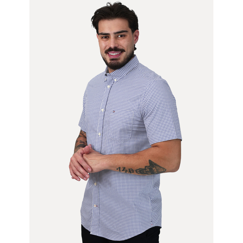 Camisa Tommy Hilfiger Masculina Manga Curta Pocket Gingham Azul Médio