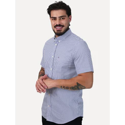 Camisa Tommy Hilfiger Masculina Manga Curta Pocket Gingham Azul Médio