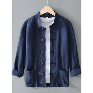 Estilo chinês masculino linho gola alta abotoado camisa jaqueta de linho meditação roupas de chá Tai Chi roupas abotoada