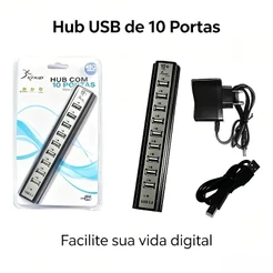 Hub USB 2.0 10 Portas Com Fonte Transmissão de Até 480 Mbps Proteção Contra Sobrecarga Baixo Consumo de Energia