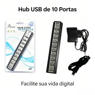 Hub USB 2.0 10 Portas Com Fonte Transmissão de Até 480 Mbps Proteção Contra Sobrecarga Baixo Consumo de Energia